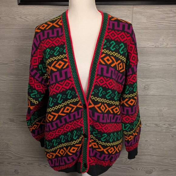 Vintage Rafaella Coogi Style Cardigan Sweater Multicolor Vibrant Size M - Picture 1 of 12